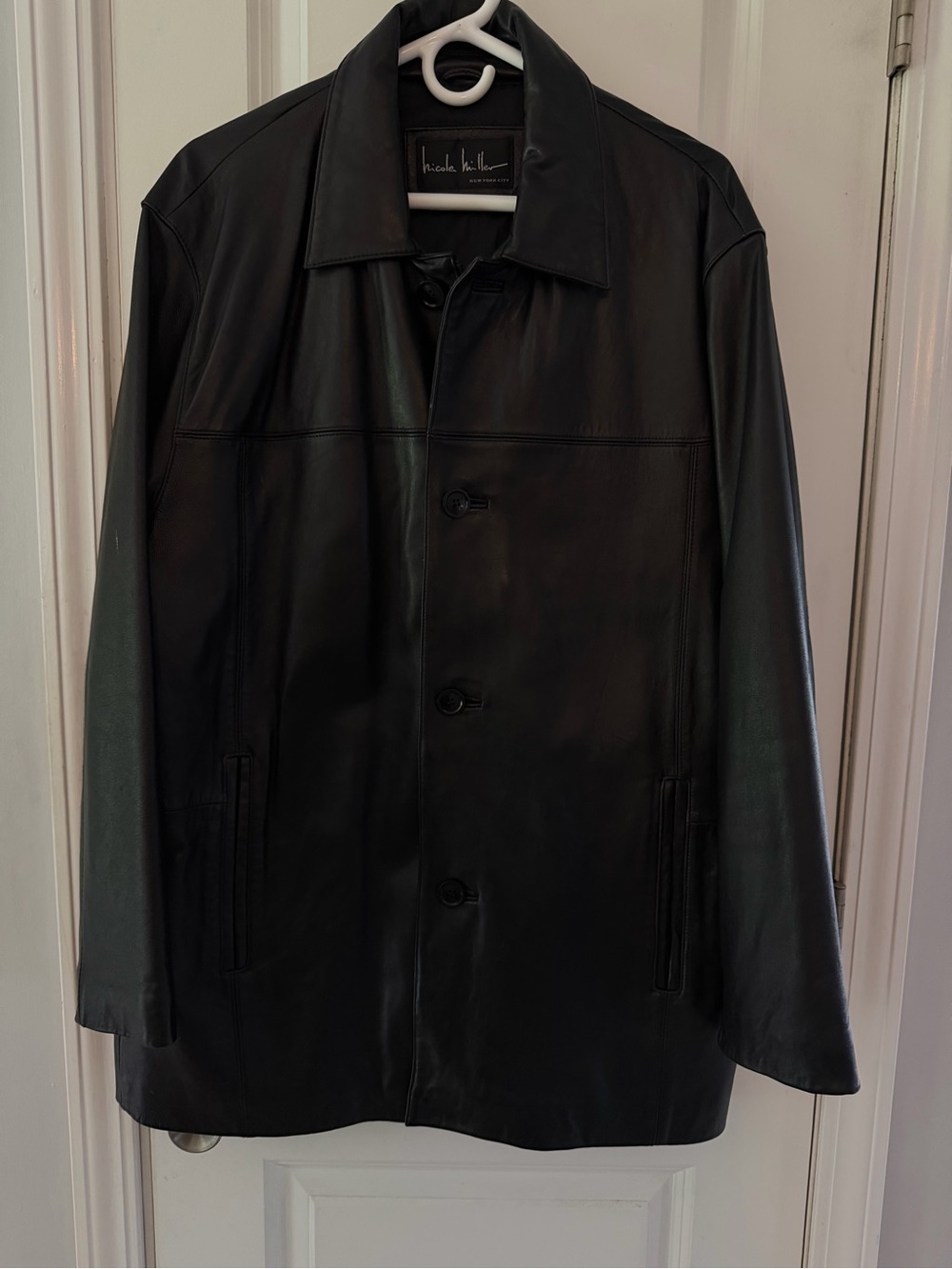 Men's Black Leather Jacket - Classic Button Front